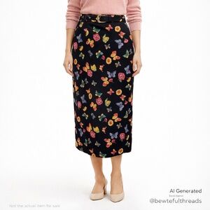 INA LIMA (EU 38) SZ 6 black with butterflies & flowers pocketed belted skirt